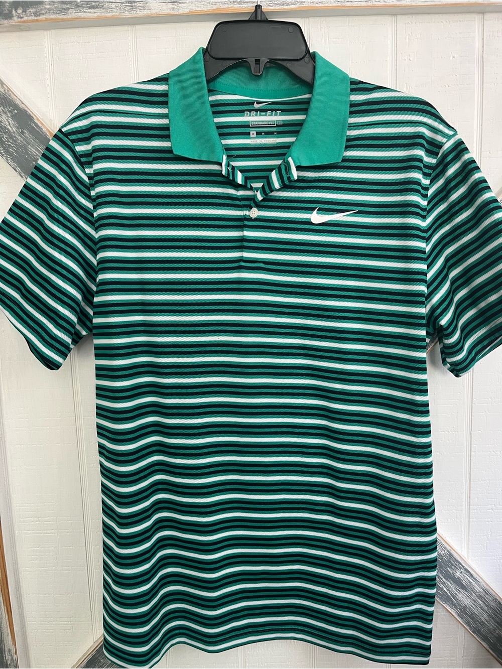 Nike Men's Green, blue, and White Striped Dri-FIT Polo